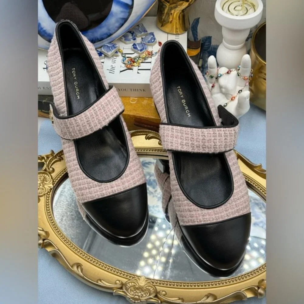 🆕 TORY BURCH 🧿 NWOB Mary Jane Heeled Ballet Flat, Pink Tweed, Sz 7.5 *SAMPLE*